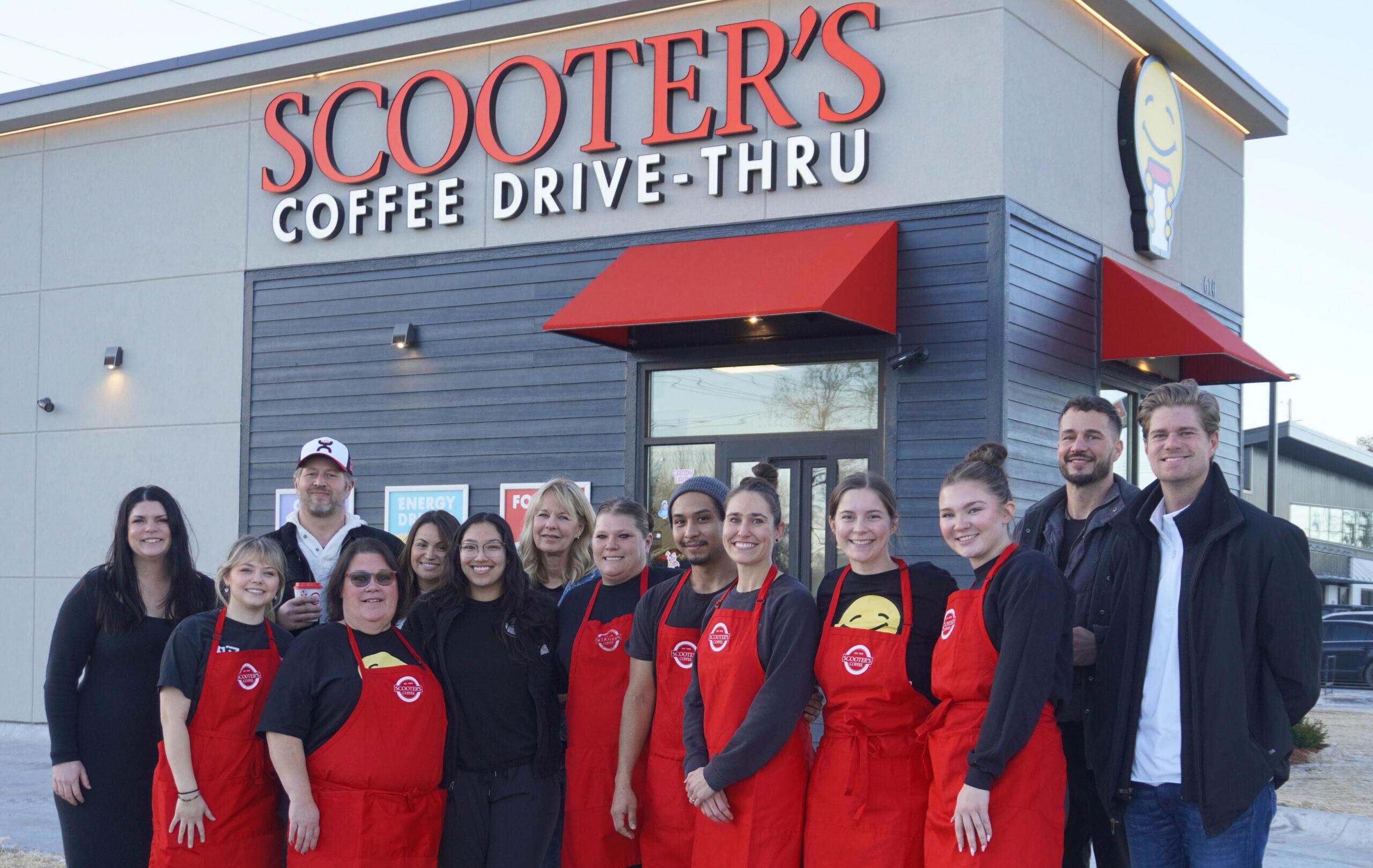 Scooter's Coffee team of employees standing in front of restaurant