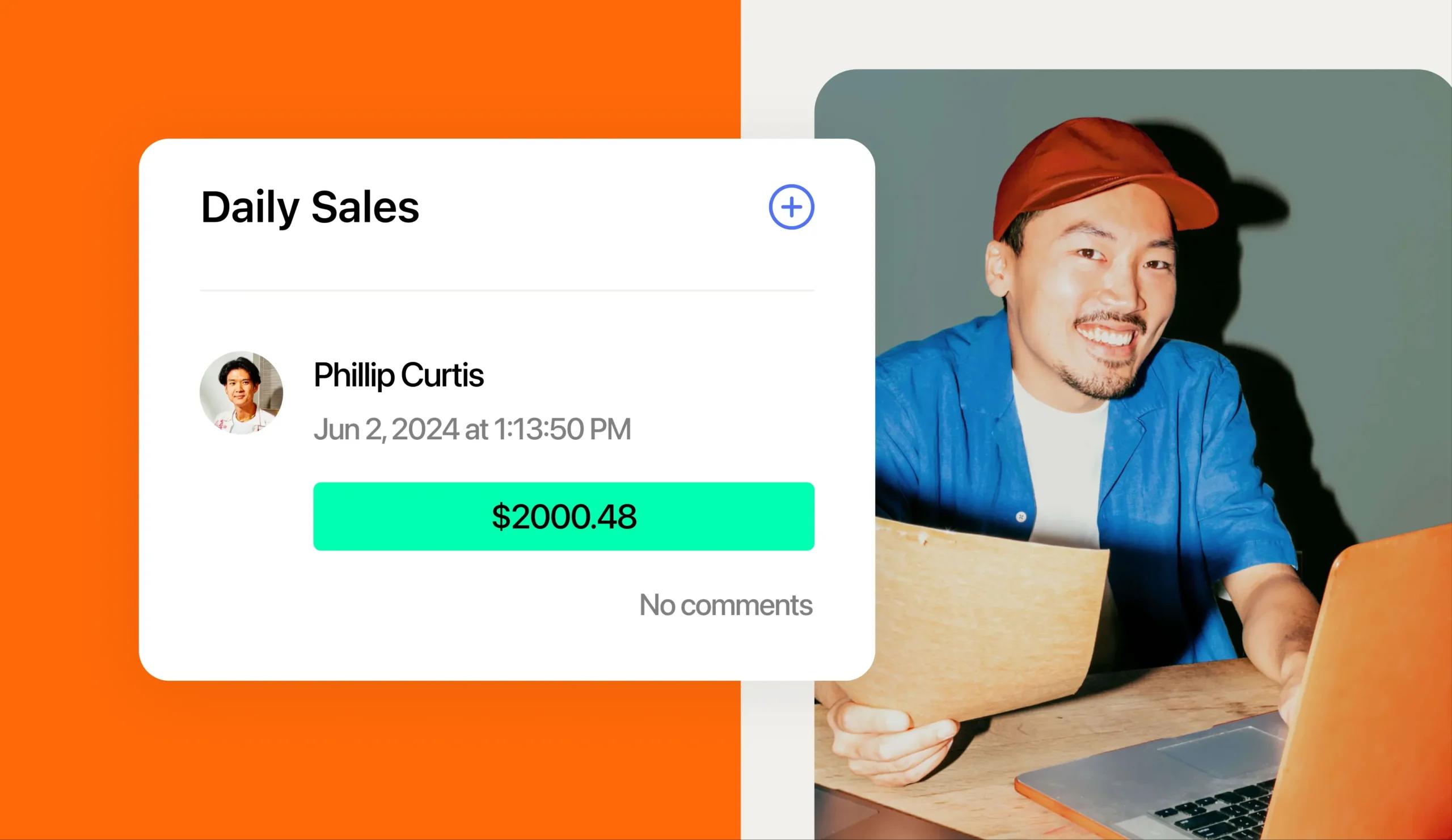 Man doing calculations and smiling with left hand sales summary product module on left